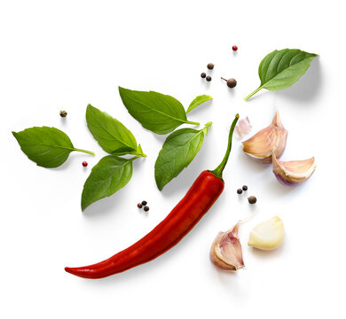Fresh Mediterranean Cuisine Ingredients Home Cooking Concept Red Chili Pepper Basil Leaves