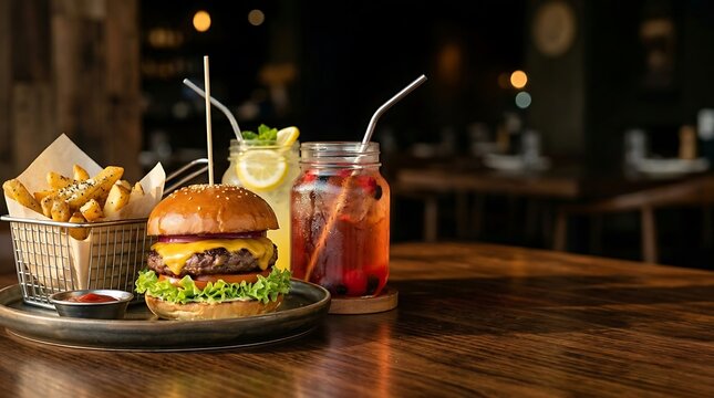 Porsi burger daging sapi dengan kentang goreng dan minuman dingin di cafe santai untuk makanan cepat saji