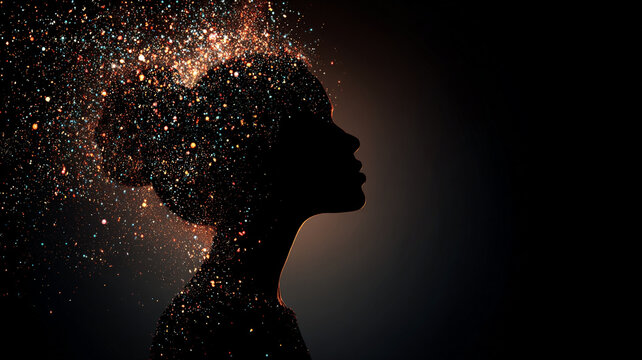 conceptual art of a female silhouette  side profile  with an explosion of glowing stars and colorful confetti bursting upward from the top of her head  representing imagination 