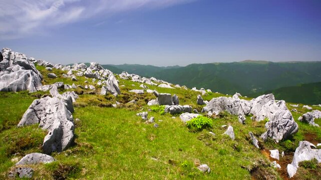四国カルスト姫鶴牧場の石灰岩群と笠取山などの山並み