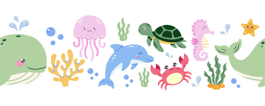Horizontal seamless border with cute kawaii sea creatures and coral reef elements for nursery decor