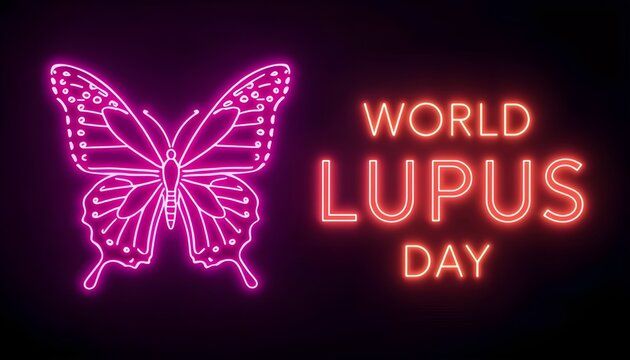 A neon butterfly and text reading World Lupus Day on a dark background