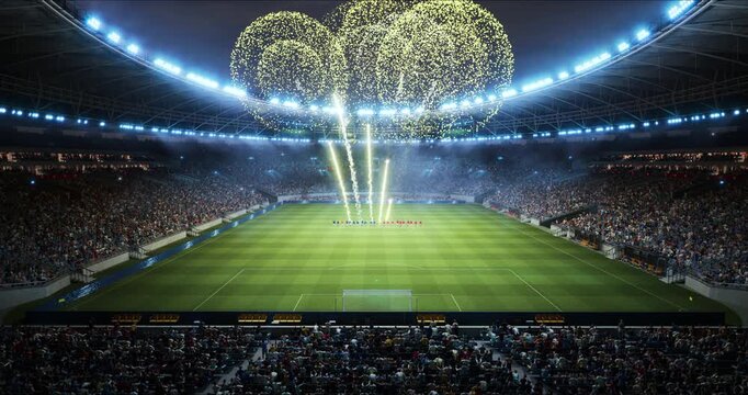 Soccer Championship Opening Match Game Ceremony Electrifies the Stadium as Fireworks Rise Above the Pitch for a World League Cup Kick-off, Capturing the Scale and Excitement of a Major Event.