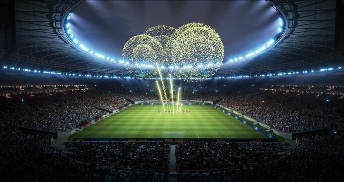 Soccer Championship Opening Match Game Ceremony Fills the Stadium as Fireworks Launch Above the Pitch, Marking a World League Cup Kick-off and a Spectacular Big-event Celebration Before Play.