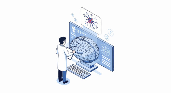 Isometric Doctor Analyzing Human Brain on Digital Screen for Neuroscience Research and Artificial Intelligence Diagnosis Illustration