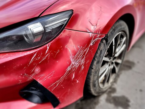 Close up of red car with dent and scratches on front bumper