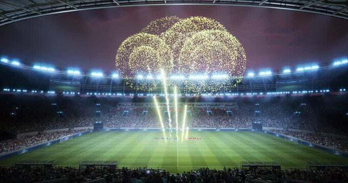 Football Championship Opening Match Game Ceremony, Packed Stadium as Fireworks Erupt Over the Field for a World League Cup Kick-off, Delivering a Grand Pregame Spectacle and Professional Event