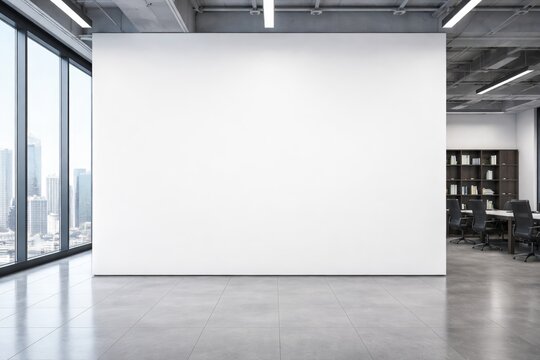 Blank white wall inside office with city view, modern background concept. Ai generative