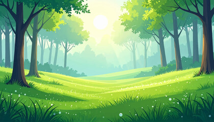 Obraz premium Centered sunrise over rolling glade with gentle foliage shadows. Peaceful forest meadow scene for seasonal poster backgrounds. Soft luminous landscape suited eco travel or spa visuals