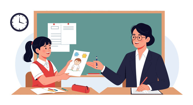 Student presents artwork to teacher in classroom during afternoon session while clock shows time