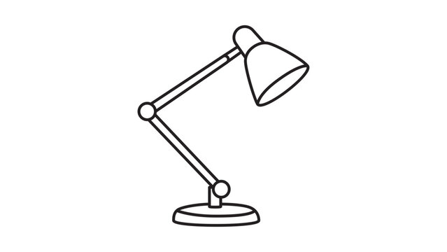 Minimalist black line vector icon of an adjustable desk lamp on a white background. This scalable illustration represents a classic office light fixture for study, work, reading, and design.