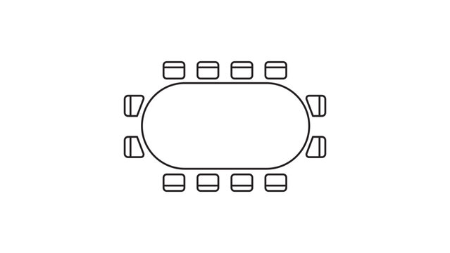 Minimalist black line vector icon of an oval conference table with twelve chairs, perfect for office meeting room layouts, business collaboration concepts, and workspace design illustrations.
