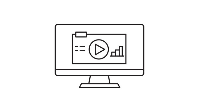 Minimalist black line vector icon illustration of a computer monitor screen featuring a video play button, bar chart, and text lines, representing e-learning, online education, and webinars.