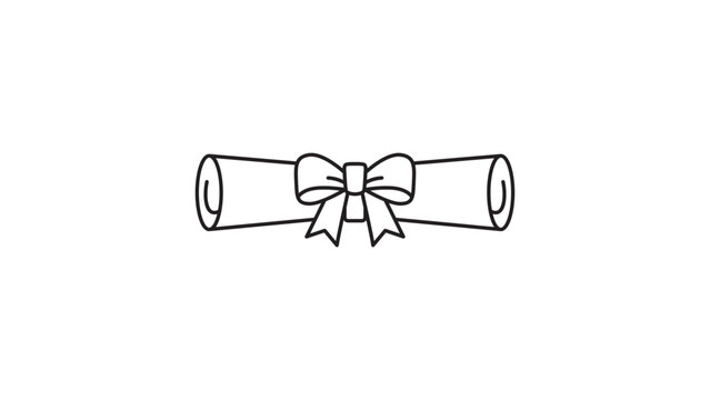 Minimalist black line vector icon illustration of a rolled diploma scroll tied with a ribbon bow, representing graduation, academic achievement, and success, isolated on a white background.
