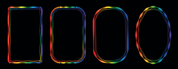 Retro whimsical rainbow gradient frame set borders. LGBTQ community symbol with rainbow. Vibrant multi colored frames for greeting cards, menu, gift tags, and modern stationery. © Oxana