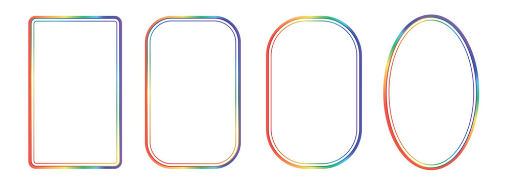 Retro whimsical rainbow gradient frame set borders. LGBTQ community symbol with rainbow. Vibrant multi colored frames for greeting cards, menu, gift tags, and modern stationery.