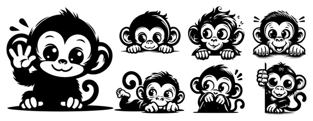 Cute baby monkey character set, funny cartoon ape stickers with various expressions and poses peeking and waving for kids design © Luka