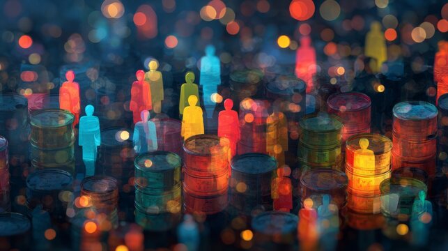 The silent watchers: barrels that shape the world's energy future. Internet communication icon. Complex display of oil storage reflecting global trade and economic risks.