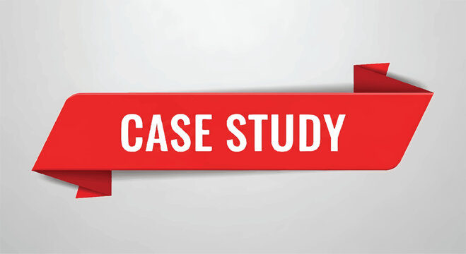 Red ribbon banner with case study text for presentation, marketing