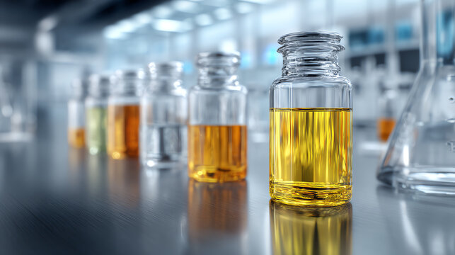 Clear laboratory bottles filled with colorful liquids for chemical analysis and experiments.