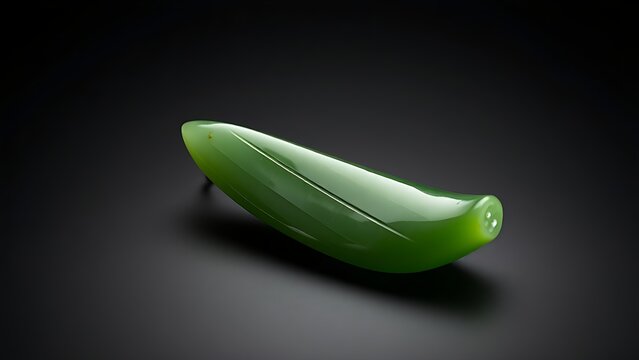 A slender green jade pendant shaped like a silique on a dark background.