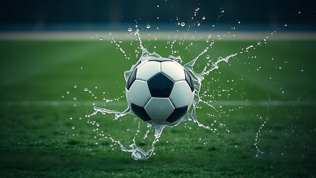 A soccer ball in motion with water droplets on a green field.