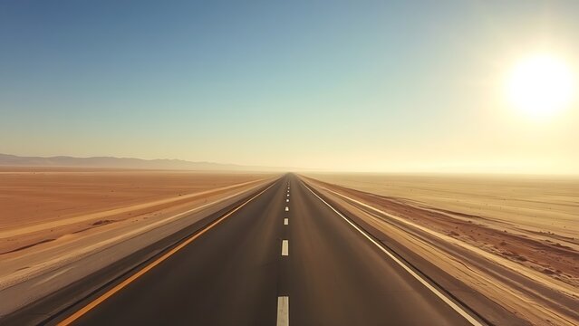 A long desert highway under a harsh sun with heat haze on the horizon.