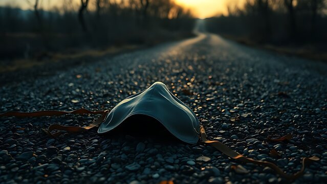 Silk mask abandoned at a desolate crossroads, damp with dew, natural dawn light.
