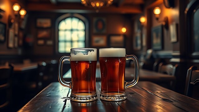 Cozy traditional alehouse interior with wooden table and two tankards of amber beer.