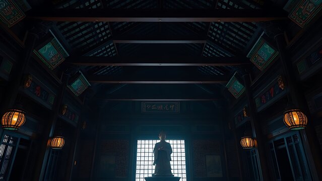 Serene temple interior with colorful wooden beams and a solemn statue.