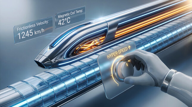 Futuristic maglev train concept being controlled by a robotic hand using a glowing holographic interface