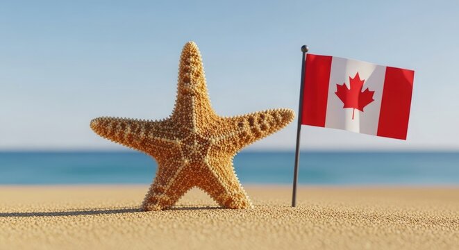 Labor day beach vibes canadian flag and starfish on sandy shore