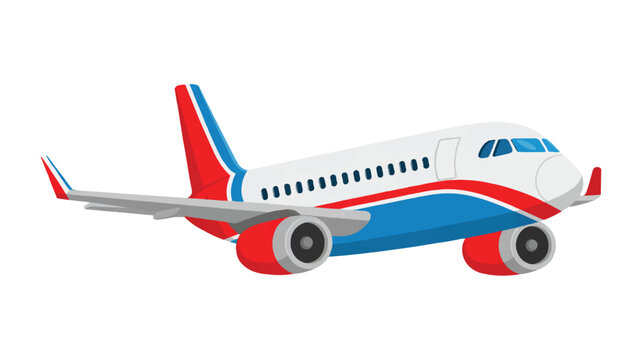 A holographic illustration of a white airplane with red and blue accents flying through the air