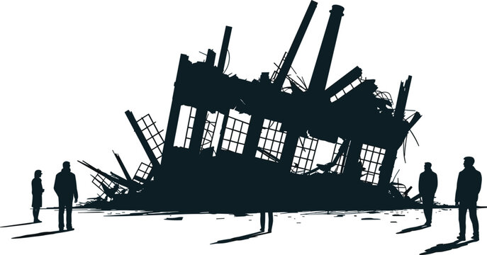 Silhouette of collapsed industrial factory ruins with broken windows, leaning walls, scattered debris and human figures observing destruction aftermath scene