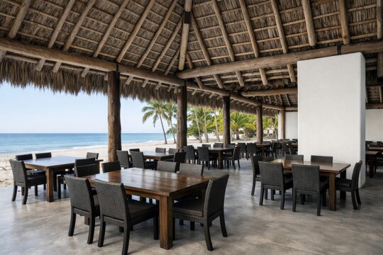 Open-air tropical beach club restaurant with ocean view and palm trees. Ai generative