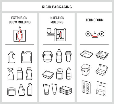 Rigid plastic packaging icon set. Vector elements are made with high contrast, well suited to different scales. Ready for use in your design. EPS10.