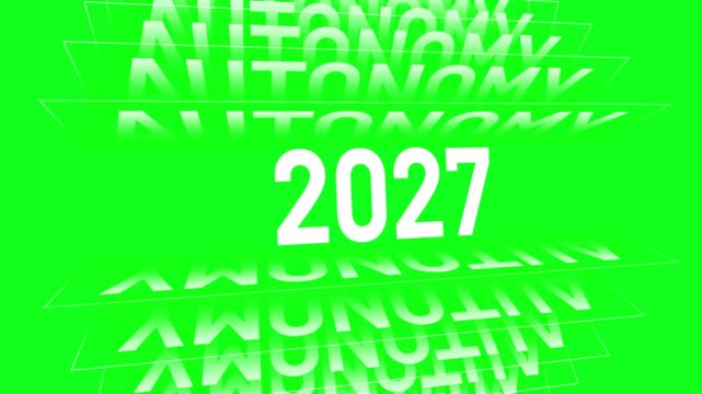 Year 2027 and the word autonomy in repeating lines on green background future technology