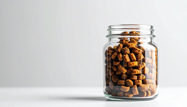 Minimal composition featuring a glass jar filled with pet treats placed in the corner of a white background.
Soft natural lighting with no shadows creates a clean and modern look.