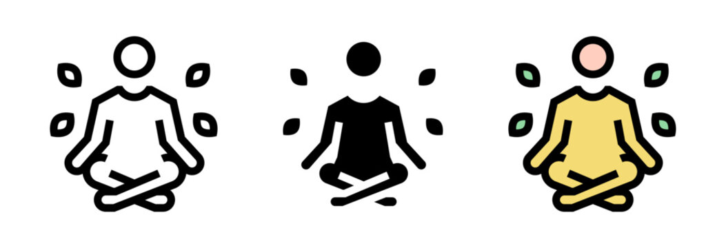 Conjunto de iconos de meditaci&oacute;n. Persona en calma, equilibrio mental, relajaci&oacute;n consciente, bienestar emocional, mindfulness. Ilustraci&oacute;n vectorial