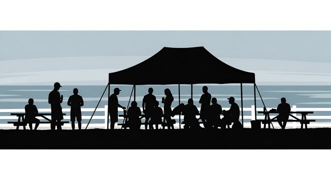 Silhouetted beach gathering people under a canopy with ocean view