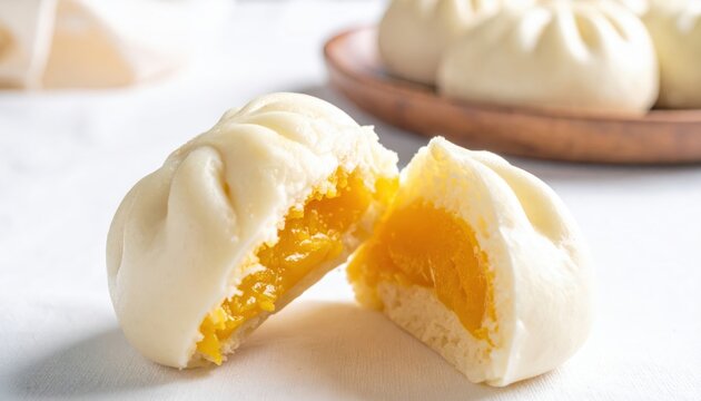 Dimpled Surface of Steamed Custard Buns, Nai Wong Bao, Pale Yellow and Creamy Filling