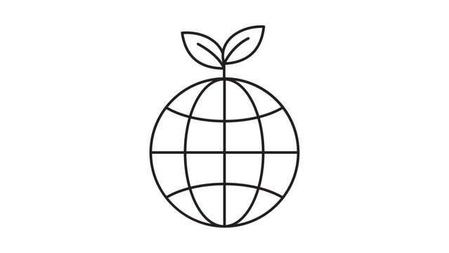 Eco-friendly globe vector icon with leaves, minimalist black line illustration of earth for sustainability and environmental conservation, clean outline graphic on white background, scalable art.