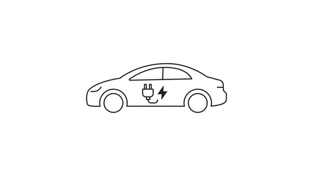Electric car minimalist black line vector icon illustration, side view EV with plug and lightning bolt symbol for sustainable transportation, clean scalable outline design on white background.
