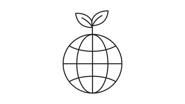 Eco-friendly globe vector icon with a growing sprout, minimalist black line art illustration of Earth and leaves representing sustainability, environmental conservation, and global green energy.