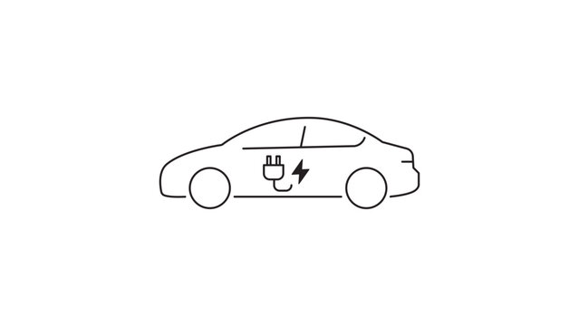 Minimalist black line vector icon illustration of an electric car side view featuring a charging plug and lightning bolt symbol, representing sustainable green transportation and EV technology.