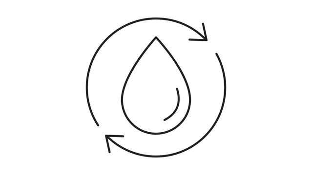Water conservation minimalist black line vector icon illustration featuring a water drop inside a circular arrow symbol for sustainability, eco-friendly resource management, and recycling.