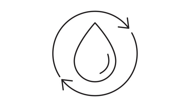 Minimalist black line vector icon of a water drop inside a circular recycling arrow symbol, representing water conservation, sustainability, and eco-friendly resource management on white.