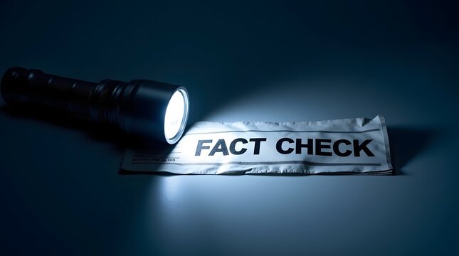 Illuminated Flashlight Casting Light onto a Document Reading Fact Check on a Dark Background