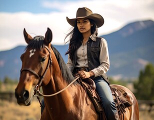 Obraz premium Woman in cowboy hat rides horse, outdoors landscape with mountain backdrop