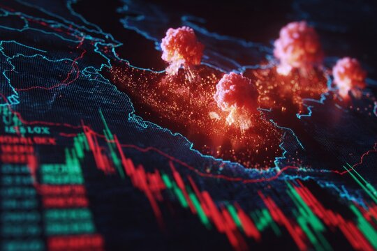 Visualizing conflict: a strategic map of a nation in crisis. Digital currency. Visual map of iran: explosions signal rising military altercations. Financial growth. Exchange rates.